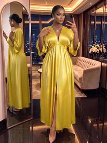 SHEIN Lady CURVE 大码优雅V领宽松开衩连衣裙，夏季 - 黃色 - 查看 5