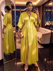 SHEIN Lady CURVE 大码优雅V领宽松开衩连衣裙，夏季 - 黃色 - 查看 2
