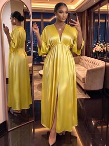 SHEIN Lady CURVE 大码优雅V领宽松开衩连衣裙，夏季 - 黃色 - 查看 8