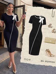 SHEIN Lady CURVE 大尺碼夏季優雅蝴蝶結裝飾修身洋裝 - 黑與白 - 查看 8