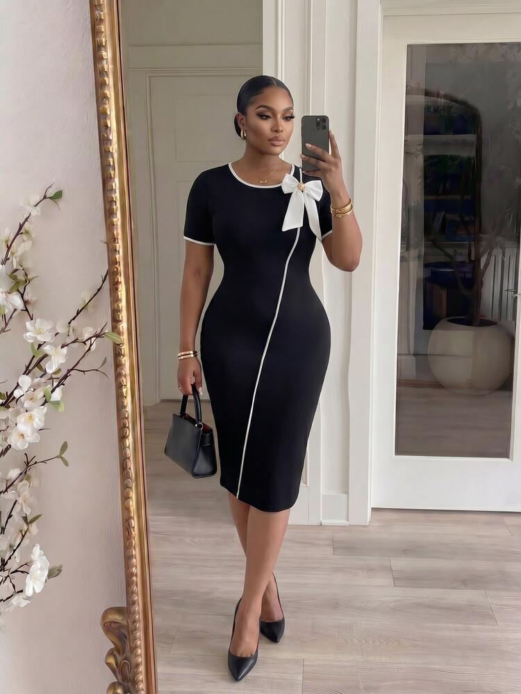 SHEIN Lady CURVE Plus Size Summer Elegant Casual Formal Bow Decor Fitted Dress Teachers' Day Dinner Evening Formal Office Black And White
