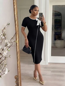 SHEIN Lady CURVE 大尺碼夏季優雅蝴蝶結裝飾修身洋裝 - 黑與白 - 查看 2