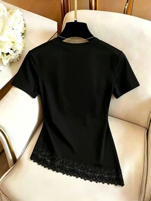 Franclia Black Round Neck Lace Patchwork Short Sleeve T-Shirt, Plus Size Slim Fit Flattering Solid Color Minimalist Commuter Base Layer Top For Women - Black - View 2