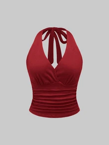 SHEIN Plus Size Women Y2K Ruched Fitted Halter Neck Top - Multicolor - View 6