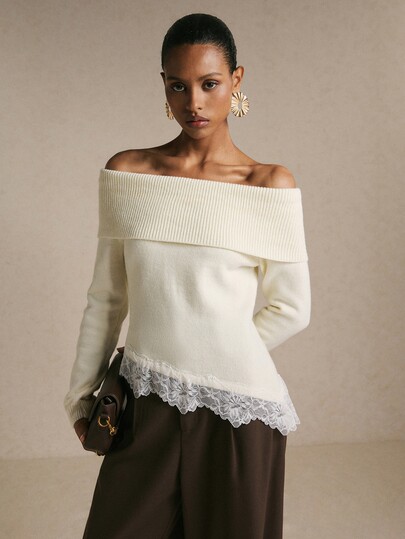 Poéselle Women's White Off-Shoulder Long Sleeve Lace Hem Sweater,Lace Sweater, Casual Sweater, Going Out Top  , Chic Top , Work Outfits,Christmas,Fall/Winter