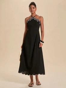 Travachic Elegant Embroidered Backless Halter Neck Dress - Black - View 4