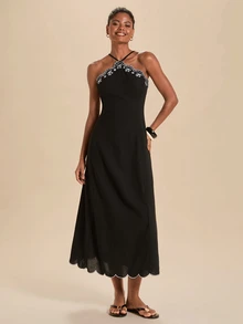 Travachic Elegant Embroidered Backless Halter Neck Dress - Black - View 6