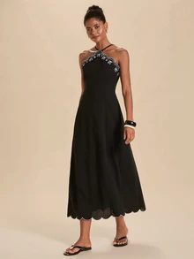Travachic Elegant Embroidered Backless Halter Neck Dress - Black - View 5