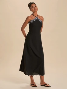 Travachic Elegant Embroidered Backless Halter Neck Dress - Black - View 7