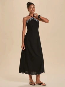 Travachic Elegant Embroidered Backless Halter Neck Dress - Black - View 8