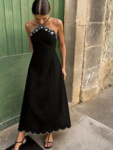 Travachic Elegant Embroidered Backless Halter Neck Dress - Black - View 1