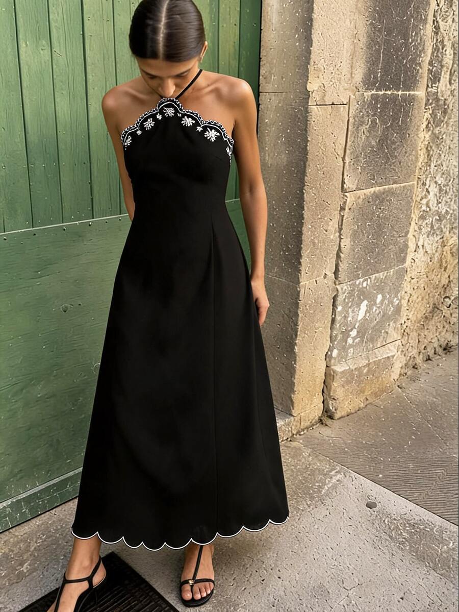 Travachic Elegant Embroidered Backless Halter Neck Dress - Black - View 1