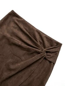 SHEIN Clasi 女款純色扭轉百褶休閒百搭日常穿著裙 - 棕色 - 查看 8
