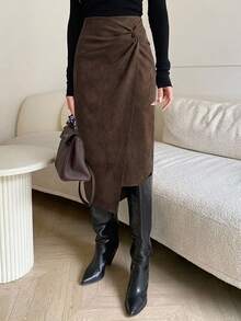 SHEIN Clasi 女款純色扭轉百褶休閒百搭日常穿著裙 - 棕色 - 查看 7