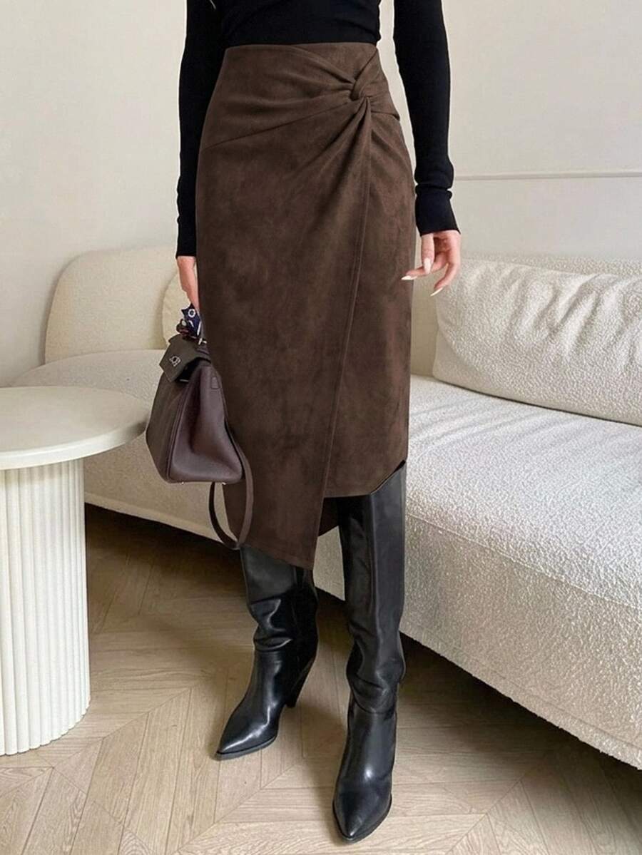 SHEIN Clasi Women's Solid Color Twisted Pleated Casual Versatile Daily Wear Skirt - Brown - View 1