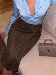 SHEIN Clasi 女款純色扭轉百褶休閒百搭日常穿著裙 - 棕色 - 查看 2