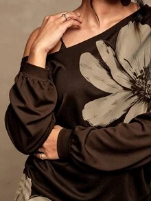SHEIN VCAY 女款棕色花卉印花單肩長袖上衣，寬鬆休閒T恤，適合時尚秋季日常穿搭 - 彩色 - 查看 3