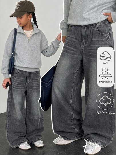 Quần jeans denim ống rộng suông cạp cao phong cách Y2K vintage cho nữ, màu đen và xám đậm wash, họa tiết râu mèo, phong cách streetwear đi học mùa Thu/Đông