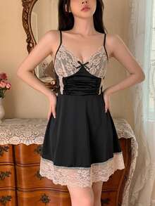 DAZY Gaun Tidur Wanita Model Camisole dengan Patchwork Renda Warna Kontras untuk Musim Gugur - Hitam - View 5