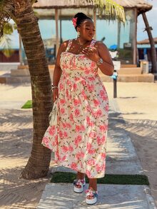 CurvyTilda Summer Pink Floral Spaghetti Strap Midi Dress Cute Cottage Core Lace Patchwork Ruched Bust Tea Party Holiday Vacation Picnic Curve Elegant Wedding - Pink - View 3
