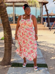 CurvyTilda Summer Pink Floral Spaghetti Strap Midi Dress Cute Cottage Core Lace Patchwork Ruched Bust Tea Party Holiday Vacation Picnic Curve Elegant Wedding - Pink - View 4