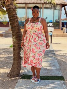 CurvyTilda Summer Pink Floral Spaghetti Strap Midi Dress Cute Cottage Core Lace Patchwork Ruched Bust Tea Party Holiday Vacation Picnic Curve Elegant Wedding - Pink - View 2