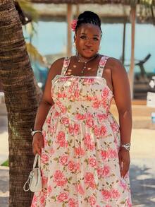 CurvyTilda Summer Pink Floral Spaghetti Strap Midi Dress Cute Cottage Core Lace Patchwork Ruched Bust Tea Party Holiday Vacation Picnic Curve Elegant Wedding - Pink - View 6