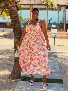 CurvyTilda Summer Pink Floral Spaghetti Strap Midi Dress Cute Cottage Core Lace Patchwork Ruched Bust Tea Party Holiday Vacation Picnic Curve Elegant Wedding - Pink - View 5
