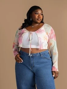 CurvyTilda Summer White Boho Floral Sheer Mesh Knit Cardigan,Plus Size Lightweight Long Sleeve Jacket For Women,Vacation Holiday Beach Wear,Versatile Outerwear - Multicolor - View 1