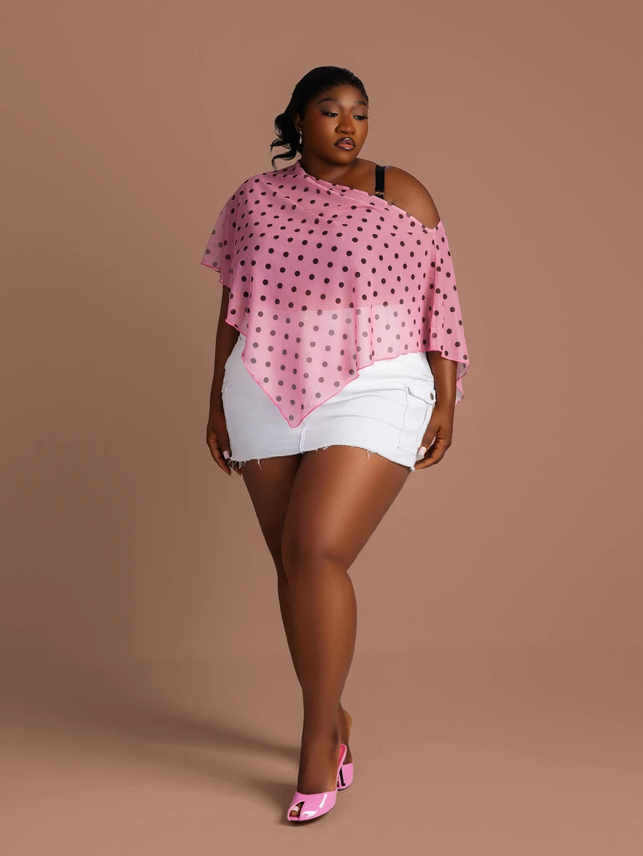 CurvyTilda Plus Size Women's Fashionable Polka Dot Print Asymmetric Hem Mesh Top - Pink - View 1