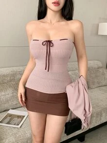 DAZY Women's Long Sleeve Knit Cardigan And Front Tie Bandeau Knit Top Set Fall - Pink - View 6