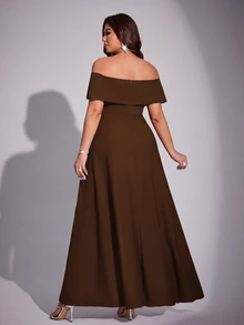 Viva Relle Plus Size Women Elegant Romantic Off-Shoulder Fitted Fishtail Dress, Spring/Summer - Brown - View 2