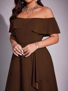Viva Relle Plus Size Women Elegant Romantic Off-Shoulder Fitted Fishtail Dress, Spring/Summer - Brown - View 3
