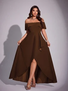 Viva Relle Plus Size Women Elegant Romantic Off-Shoulder Fitted Fishtail Dress, Spring/Summer - Brown - View 4
