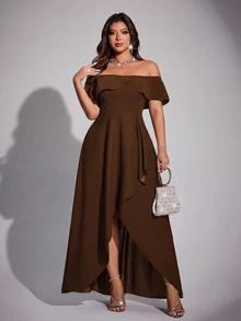 Viva Relle Plus Size Women Elegant Romantic Off-Shoulder Fitted Fishtail Dress, Spring/Summer - Brown - View 1
