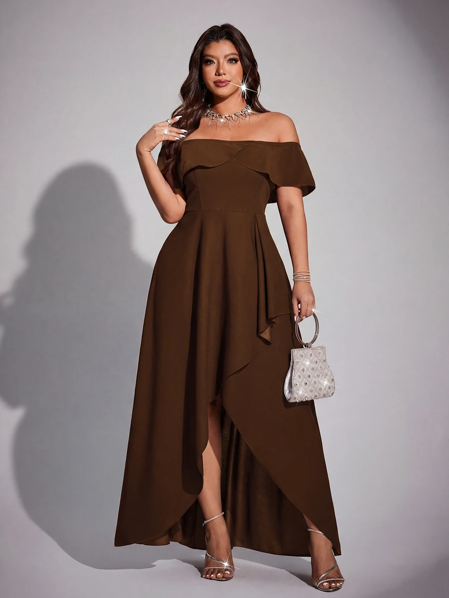 Viva Relle Plus Size Women Elegant Romantic Off-Shoulder Fitted Fishtail Dress, Spring/Summer - Brown - View 1