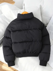 SHEIN 少女編織素色拼接豹紋人造毛領立領休閒加厚冬季外套 - 黑色 - 查看 7