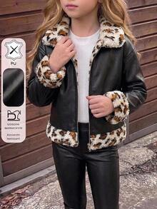 SHEIN 女童少女編織PU皮革拼接豹紋人造毛領休閒冬季夾克外套 - 彩色 - 查看 4