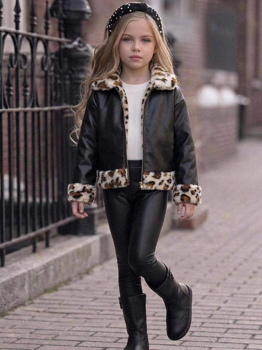 SHEIN 女童少女編織PU皮革拼接豹紋人造毛領休閒冬季夾克外套 - 彩色 - 查看 1