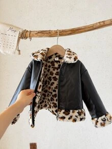 SHEIN 女童少女編織PU皮革拼接豹紋人造毛領休閒冬季夾克外套 - 彩色 - 查看 11