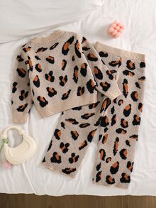 SHEIN Young Girl Leopard Print Kids Knit Crew Neck Casual Sweater & Long Autumn Winter Pants 2 Pieces Set - Multicolor - View 4