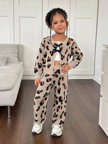 SHEIN Young Girl Leopard Print Kids Knit Crew Neck Casual Sweater & Long Autumn Winter Pants 2 Pieces Set - Multicolor - View 2