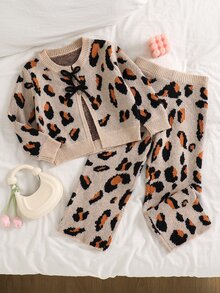 SHEIN Young Girl Leopard Print Kids Knit Crew Neck Casual Sweater & Long Autumn Winter Pants 2 Pieces Set - Multicolor - View 3