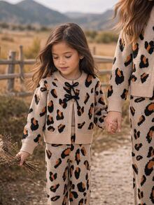 SHEIN Young Girl Leopard Print Kids Knit Crew Neck Casual Sweater & Long Autumn Winter Pants 2 Pieces Set - Multicolor - View 1