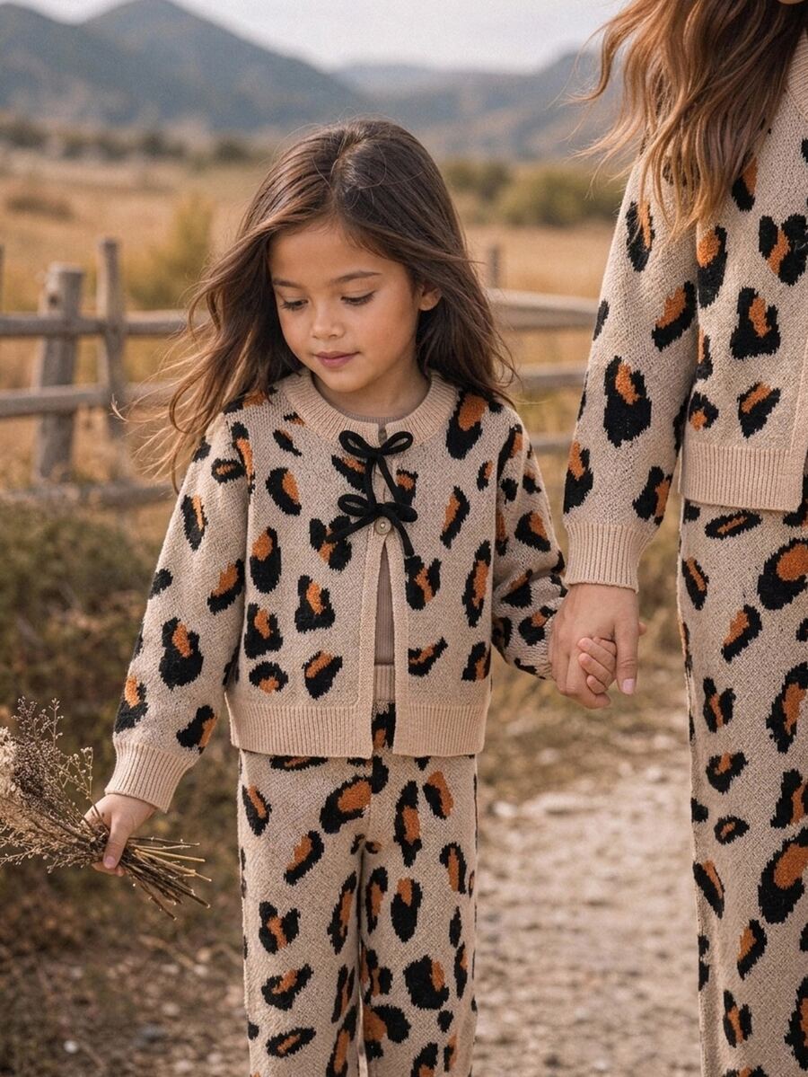 SHEIN Young Girl Leopard Print Kids Knit Crew Neck Casual Sweater & Long Autumn Winter Pants 2 Pieces Set - Multicolor - View 1