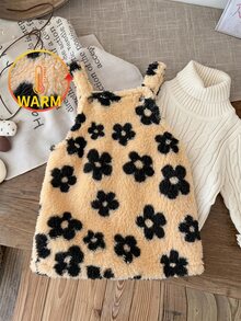 SHEIN Baby Girl Knitted Faux Fur Floral Pattern Pinafore Dress - Multicolor - View 3