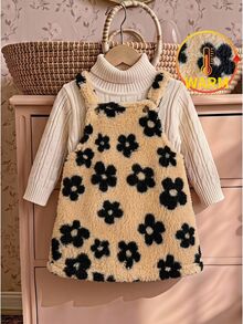 SHEIN Baby Girl Knitted Faux Fur Floral Pattern Pinafore Dress - Multicolor - View 4