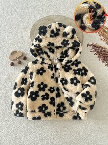 SHEIN 女童秋冬休閒卡其色豹紋毛絨拉鍊連帽開襟外套 - 卡其色 - 查看 3