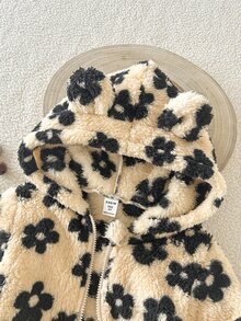 SHEIN 女童秋冬休閒卡其色豹紋毛絨拉鍊連帽開襟外套 - 卡其色 - 查看 4