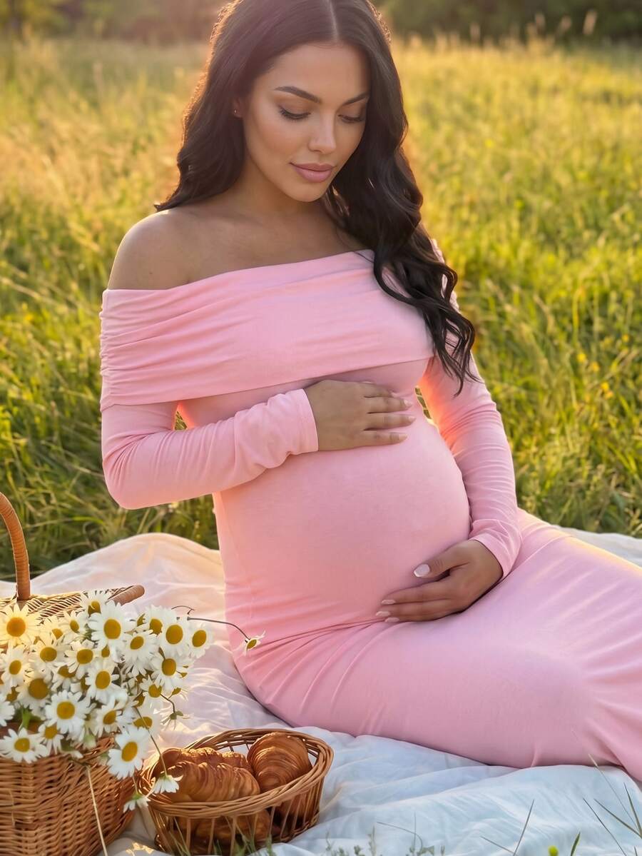 Lyckli Maternity Versatile Gentle Style Off-Shoulder Fashion Dress - Pink - View 1
